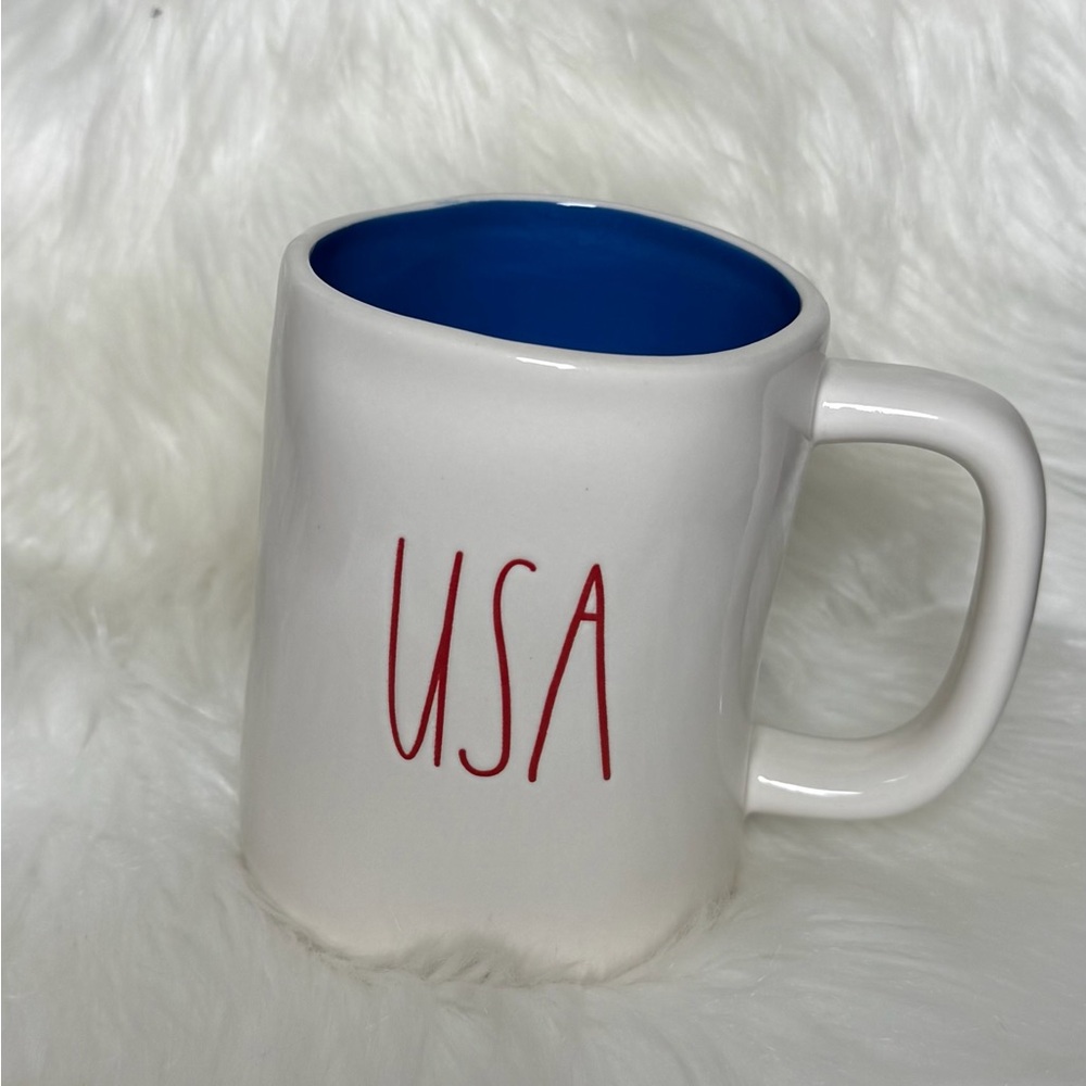 Rae Dunn White Mug with Blue Interior and Red USA Lettering